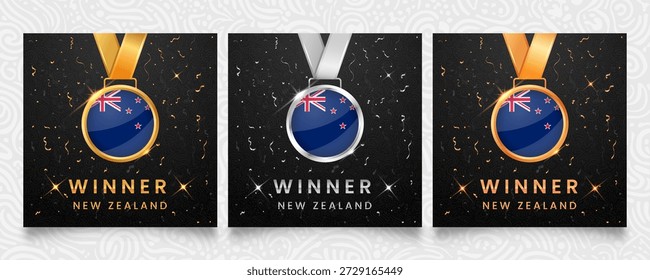 Un distinguido conjunto de medallas de oro, plata y bronce, cada una con la vibrante bandera de la Nueva Zelanda, presentada sobre un fondo oscuro adornado con confeti festivo y reflejos brillantes, ideal para celebrar victorias.