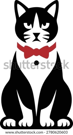 Distinguished vector icon featuring a formal tuxedo cat in seated pose with crisp black and white markings, sharp white eyes, and a bold red bow tie. Elegant, dapper design symbolizing sophistication, class, formality, charm, and premium service. Perfect for luxury brands, hospitality, event services, formal wear, concierge services, premium pet brands, and upscale lifestyle companies. Covers luxury retail, hospitality, events, weddings, formal services, and premium pet markets. Ideal for brand marks, logos, hospitality branding, luxury packaging, and distinguished identities.