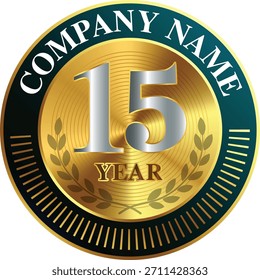 Um distinto medalhão vetorial homenageando 15 anos de excelência, com algarismos prateados, tipografia dourada, galhos de louro e um profundo anel exterior verde - perfeito para comemorar a longevidade corporativa com elegância e orgulho.