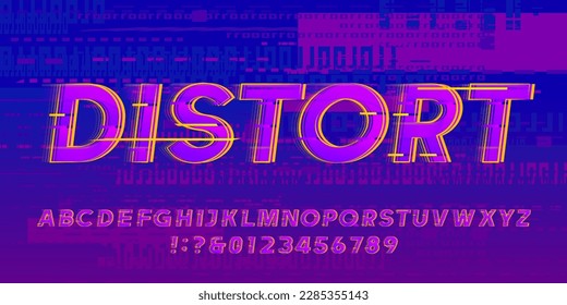 Distort alphabet font. Distorted letters and numbers on a glitched background. Vector typeface for your design.