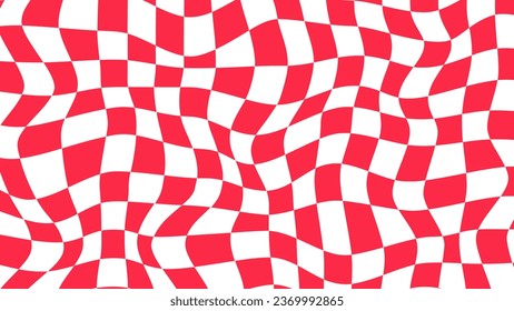 Distort chessboard abstract background.Twisted wavy red and white texture wallpaper.Warped grid square vector illustration.