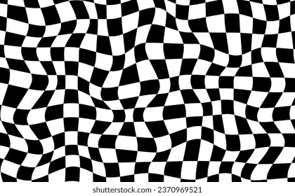 Distort chessboard abstract background.Twisted wavy black and white texture wallpaper.Warped grid square vector illustration.