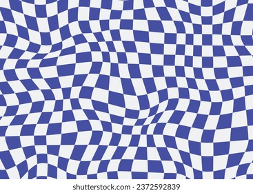 Distort chessboard abstract background.Twisted wavy blue and white texture wallpaper.Warped grid square vector illustration.