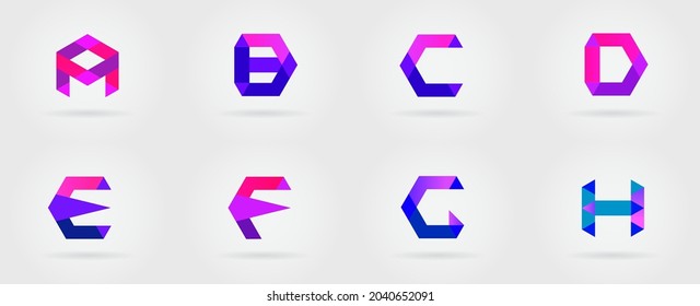 Distort Modern Alphabet Letters, Multicolor Overlay stylized letter. Geometric triangle. Hexagonal futuristic ABC. A, B, C, D, E, F, G, H.