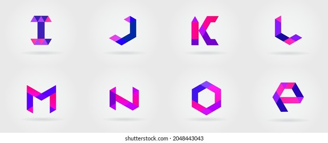 Distort Modern Alphabet Letters, Multicolor Overlay stylized letter. Geometric triangle. Hexagonal futuristic ABC. I, J, K, N, L, M, N, O, P.