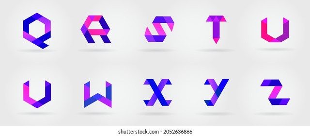 Distort Modern Alphabet Letters, Multicolor Overlay stylized letter. Geometric triangle. Hexagonal futuristic ABC. Q, R, S, T, U, V, W, X, Y, Z.