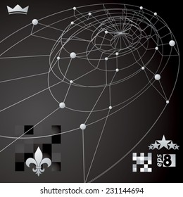 Distorted 3D abstract lines and dots background with web design objects, contrast conceptual technology lattice backdrop.
