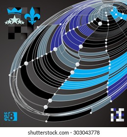 Distorted 3D abstract lines and dots background with web design objects, conceptual technology lattice backdrop.