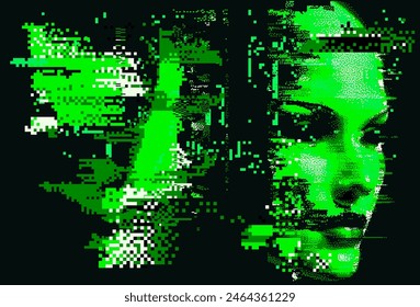 Distorted 3D human face on a dark background. Conceptual vector illustration in neon green colors in pixel art 8-bit style.