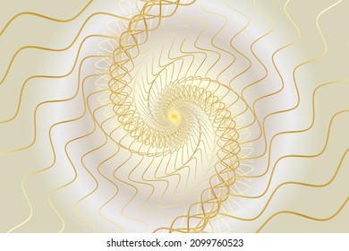 Distorted abstract lines, wireframe tunnel. Gold spiral line on the white gold background. Vector illustration.