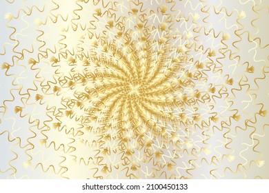 Túnel de alambre abstracto girado. La espiral de la ola dorada en el fondo dorado blanco. Ilustración vectorial.