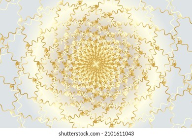 Distorted abstract lines, wireframe tunnel. The gold spiral circle wave line on the white gold background. Vector illustration.