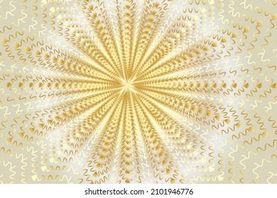 Distorted abstract lines, wireframe tunnel. The gold spiral effect sunshine wave line on the white gold background. Vector illustration.