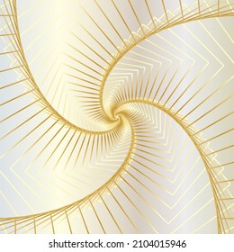 Distorted abstract lines, wireframe tunnel. The gold spiral line on the white gold background. Vector illustration.