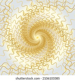 Túnel de alambre abstracto girado. La espiral de la ola dorada gira en torno a líneas onduladas sobre el fondo dorado blanco.