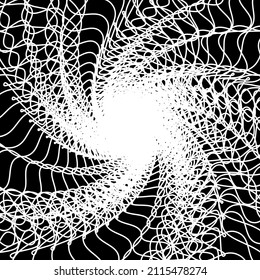 Abstrakter abstrakter Wireframe-Tunnel. Die weiße Welle spiralförmige Linien auf schwarzem Hintergrund.