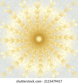 Distorted abstract lines, wireframe tunnel. The gold spiral effect sunshine wave line Dharma style on the white gold background. Vector illustration.