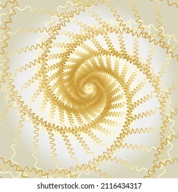 Distorted abstract lines, wireframe tunnel. The gold wave spiral twists wavy lines on the white gold background.