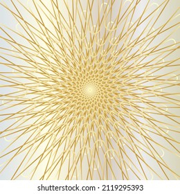Distorted abstract lines, wireframe tunnel. The gold spiral effect sunshine wave line Dharma style on the white gold background. Vector illustration.