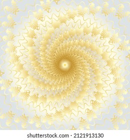 Distorted abstract lines, wireframe tunnel. The gold wave spiral twists wavy lines Dharma styles on the white gold background.