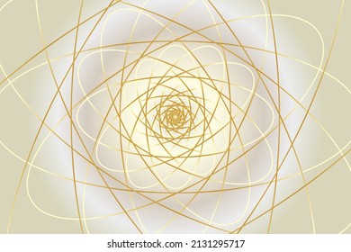 Distorted abstract lines, wireframe tunnel. The gold wave spiral twists on the white gold background.