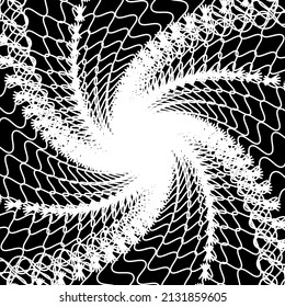 Túnel de alambre abstracto girado. Las líneas onduladas de la espiral blanca sobre el fondo negro.