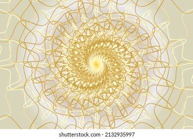 Distorted abstract lines, wireframe tunnel. The gold wave spiral wavy lines circle on the white gold background.