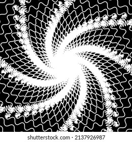 Distorted abstract lines, wireframe tunnel. The white wave spiral wavy lines on the black background.