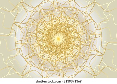 Distorted abstract lines, wireframe tunnel. The gold wave spiral wavy lines circle on the white gold background.