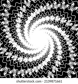 Distorted abstract lines, wireframe tunnel. The white wave spiral wavy lines on the black background.