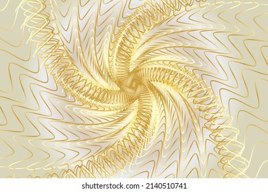 Distorted abstract lines, wireframe tunnel. The gold wave spiral wavy lines on the white gold background.