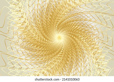Distorted abstract lines, wireframe tunnel. The gold wave spiral wavy lines on the white gold background.