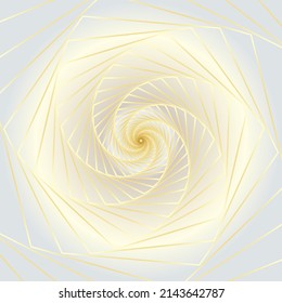 Distorted abstract lines, wireframe tunnel. The gold hexagon wave spiral lines on the white gold background.