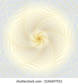 Distorted abstract lines, wireframe tunnel. The gold wave spiral wavy lines on the white gold background.