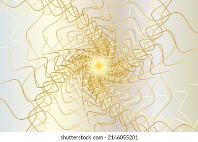 Abstrakter abstrakter Wireframe-Tunnel. Die Goldenen Wellen-Spirale verdreht scharfe Linien auf weißem goldenem Hintergrund.