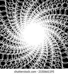 Distorted abstract lines, wireframe tunnel. The white wave spiral wavy lines on the black background.