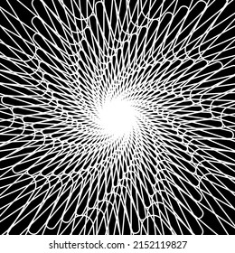 Distorted abstract lines, wireframe tunnel. The white spiral line on the black background. Vector illustration.