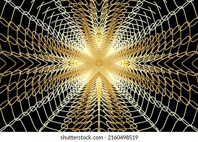 Túnel de alambre abstracto girado. El efecto espiral dorado efecto ola de sol en el fondo negro. Ilustración vectorial.