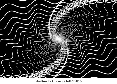 Túnel de alambre abstracto girado. La línea de espiral blanca sobre el fondo negro.