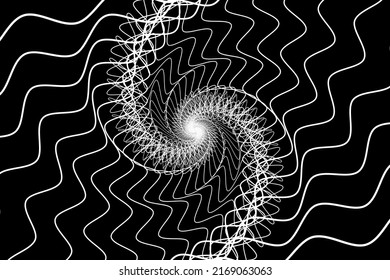 Distorted abstract lines, wireframe tunnel. The white spiral line on the black background.
