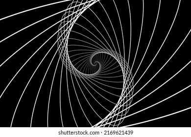 Distorted abstract lines, wireframe tunnel. The white spiral line on the black background.