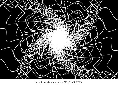 Distorted abstract lines, wireframe tunnel. The white wave spiral twists wavy lines on the black background.