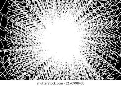 Distorted abstract lines, wireframe tunnel. The white line on the black background. Vector illustration.