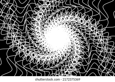 Distorted abstract lines, wireframe tunnel. The white wave spiral wavy lines on the black background.