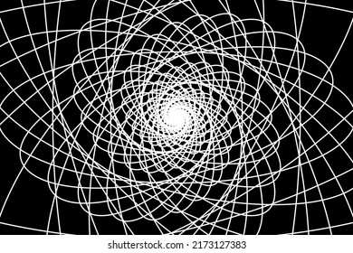 Distorted abstract lines, wireframe tunnel. The white wave spiral twists on the black background.