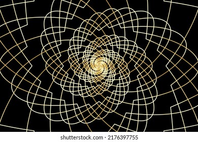 Túnel de alambre abstracto girado. Línea de espiral dorada, Relación dorada sobre fondo negro. Ilustración vectorial.