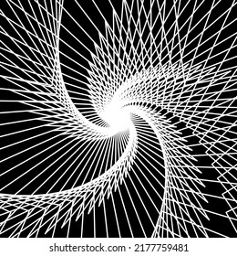 Distorted abstract lines, wireframe tunnel. The white spiral line on the black background. Vector illustration.