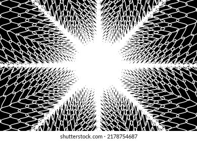 Distorted abstract lines, wireframe tunnel. The white spiral effect sunshine wave line on the black background. Vector illustration.