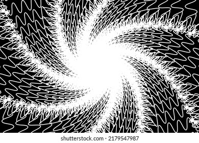 Distorted abstract lines, wireframe tunnel. The white wave spiral wavy lines on the black background.
