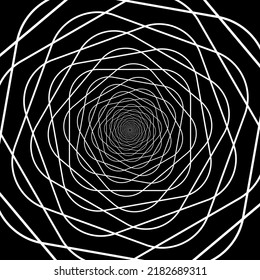 Distorted abstract lines, wireframe tunnel. The white rose line on the black background.